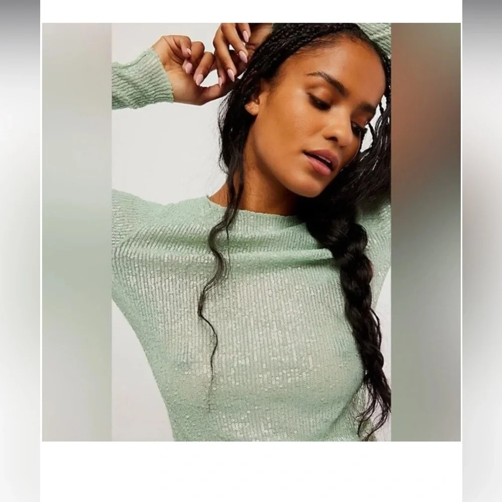 Free People Mint Green Long Sleeve Ribbed Top